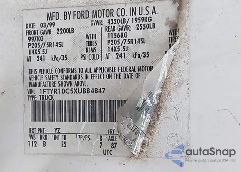 1999 Ford Ranger Xl/Xlt from USA, damaged, VIN 1FTYR10C5XUB84847